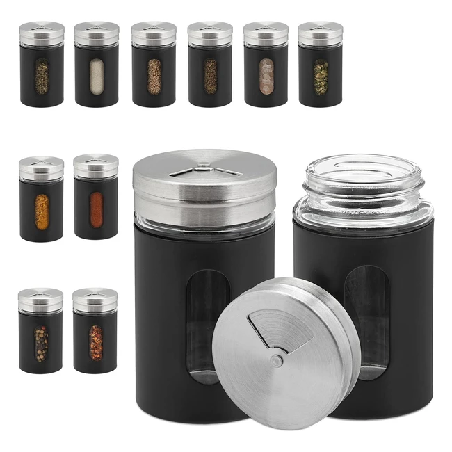 Set Barattoli Portaspezie Relaxdays Vetro Acciaio Plastica 90ml Nero Inox 12pz