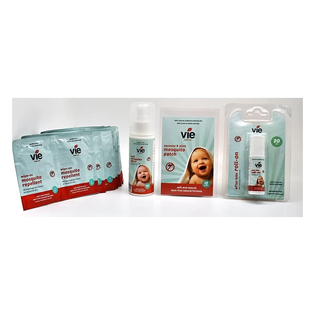 Vie Essential Bundle Travel Kit DEET Free Mosquito Spray Squeeze and Stick Patches 12 Wipes and After Bite Roll On Multicolor