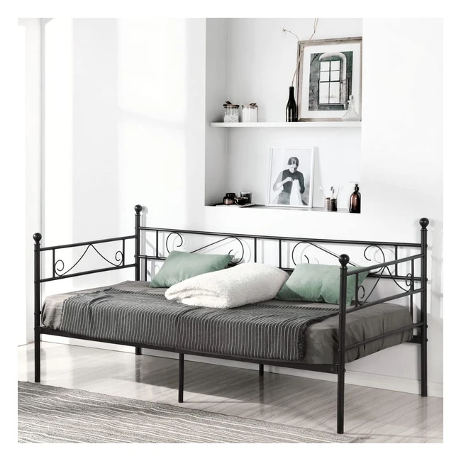 Diván Cama Individual de Metal - Estructura Sofá Cama Hierro Forjado - Colchón 90x190 cm - Negro