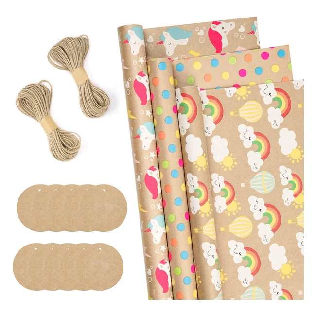 Ruspepa Wrapping Paper Rolls - Unicorn Rainbow & Dots - 43cm x 3m - Set of 3