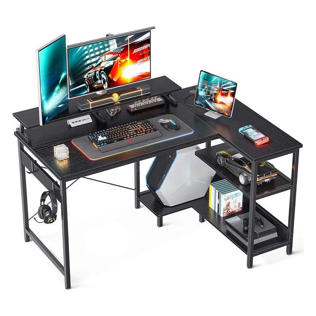 Escritorio Gaming L con Estantes Reversibles 120x80x88cm Black