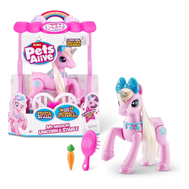 Zuru Pets Alive My Magical Unicorn & Stable Interactive Robotic Toy Playset #1234 Brush, Feed, Style
