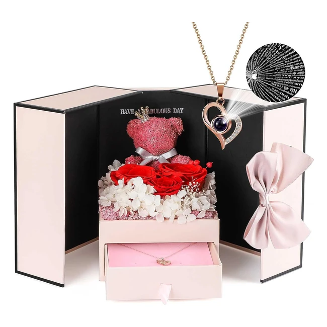 Collana Addwel con Rose Rosse in 100 Lingue Orso Rosa Incantato Fiori di Rosa Romantico