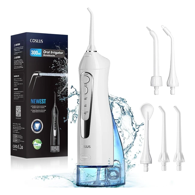 Coslus Portable Cordless Water Dental Flosser 300ml - Rechargeable  Waterproof 