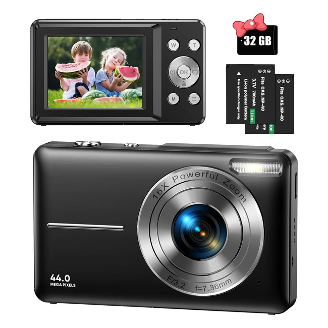 Fotocamera Digitale Compatta 44MP 1080p HD Zoom 16x con Scheda 32GB e 2 Batterie