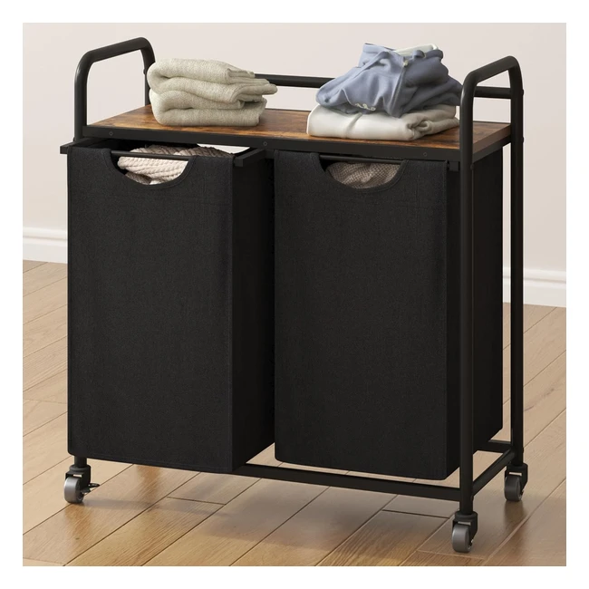 Panier à linge 2 compartiments avec étagère sac extensible 46 litres x2 marron vintage LB08901B