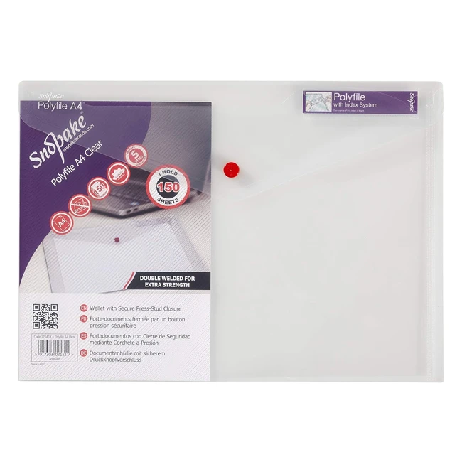 Snopake 12841X Polyfile A4 Popper Wallet File with Press Stud and Index Tab - Classic Clear Pack of 5