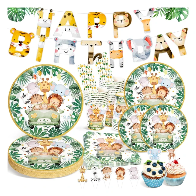 Stoviglie per feste animali giungla 134 pezzi - Compleanno bambini - Ophy