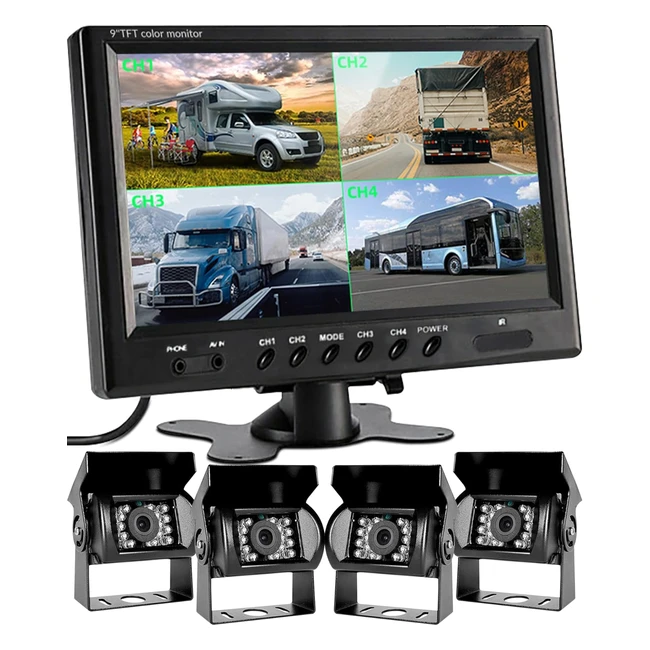 Podofo 4 Cámara Visión Trasera 9 Monitor Pantalla 4Dividido CMOS IR Impermeable 4 Clavijas 10m220m2
