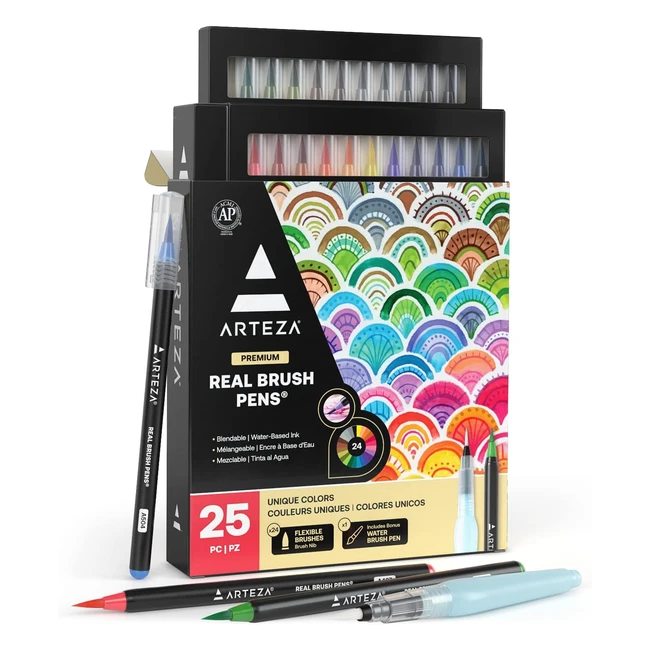 Arteza Real Brush Pens 24 Colours Watercolour Painting Flexible Nylon Tips