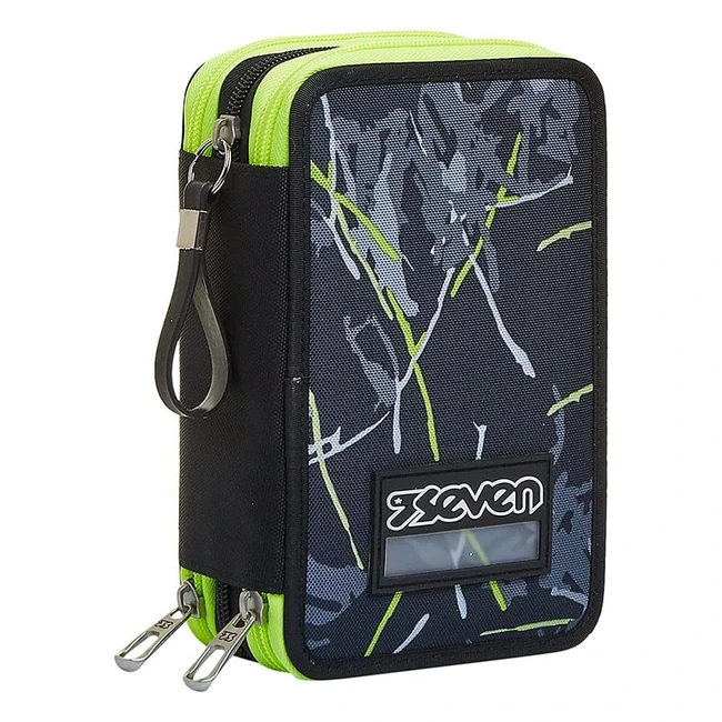 Astuccio Seven 3 scomparti Scrawl Design Nero - Completo Matite Penne Pennarelli