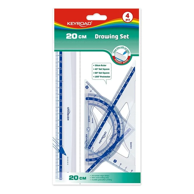 Set Righelli Scolastici Keyroad 20cm Squadra 45 Cartabone 60 Goniometro 180
