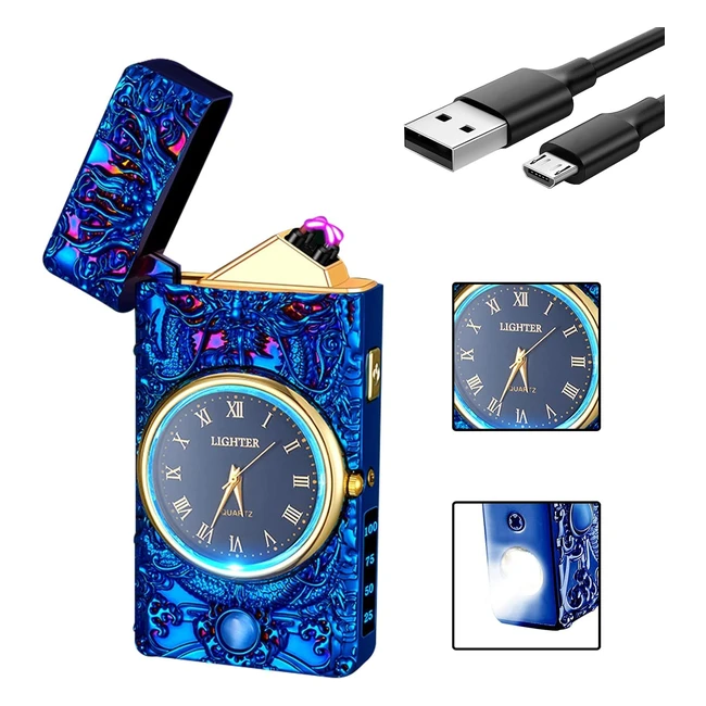 Accendino al Plasma USB Antivento Metallo Quadrante Luminoso LED Blu