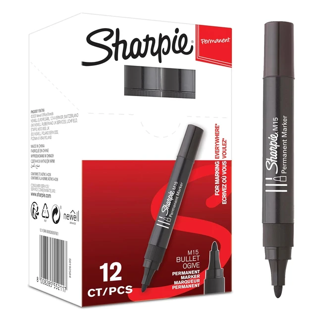 Sharpie M15 Permanent Markers Black 12 Count - Intense Pitch Black Ink Durable 