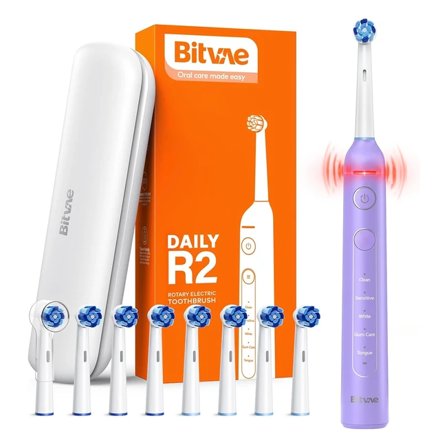 bitvae r2 rotating electric toothbrush for adults 8 brush heads 5 modes purple