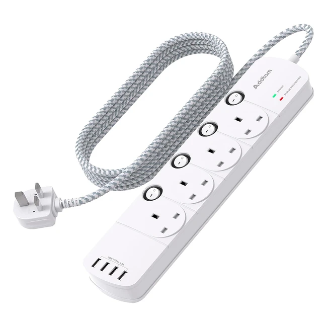 18m Extension Lead 4 Way Socket Outlets Power Strips with 4 USB 1050J Surge Prot