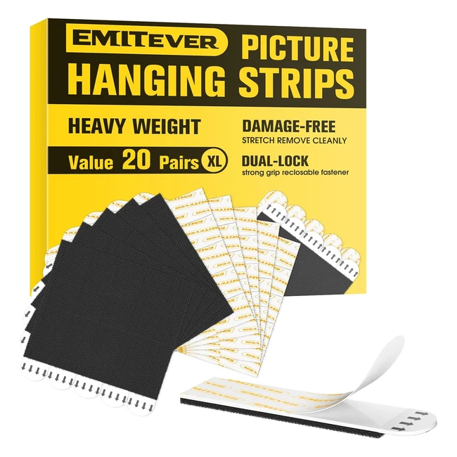 Emitever Picture Hanging Strips Heavy Duty Large 20 Pairs - No Damage Adhesive Hook and Loop Mounting Tape