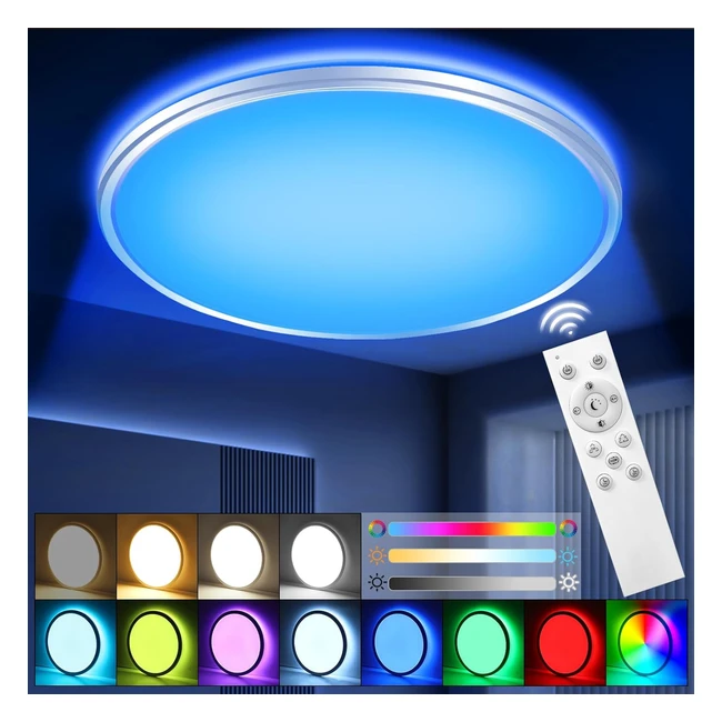 RGB LED Ceiling Light Dimmable with Remote Control 24W 3000lm Flat Circular Ceiling Lights 3000K-6500K 10 Level Brightness Adjustment 7 RGB Ceiling Lights for Bedroom Bathroom Living Room Kitchen