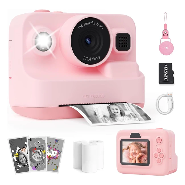 Manttely Kids Camera Instant Print | Christmas Birthday Gifts | 1080P Digital Camera for Kids | Portable Toy | Age 3-12 | Pink