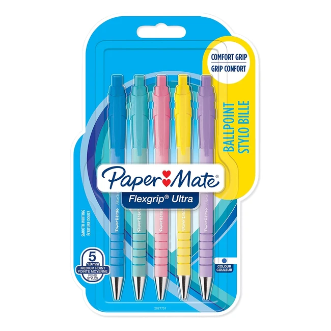 Stylo Bille Retractable Paper Mate Flexgrip Ultra - Lot de 5 - Pointe Moyenne 10mm - Encre Bleue