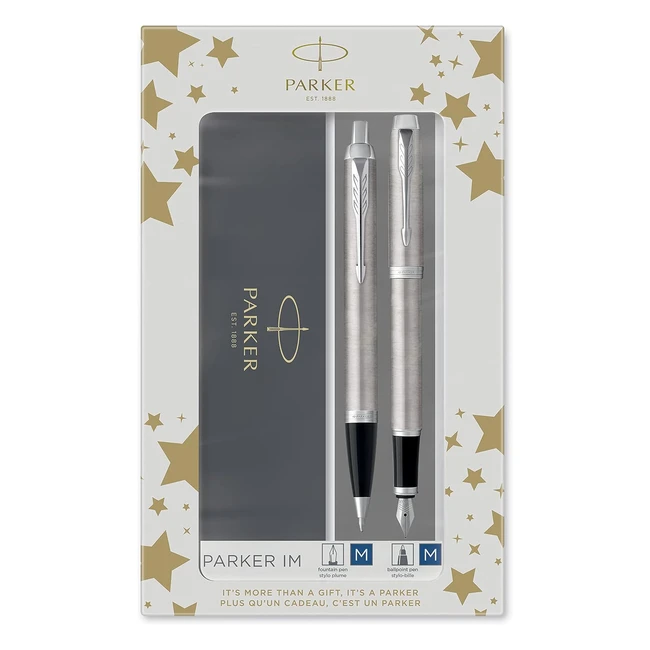 Parker IM Duo Gift Set - Ballpoint & Fountain Pen - Stainless Steel - Blue Ink - Gift Packaging