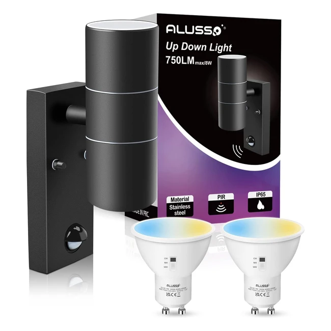 Alusso Motion Sensor Outdoor Wall Lights IP65 Stainless Steel Up Down Lights 3000K4000K6000K Selectable 2x 8W GU10 Bulb Included