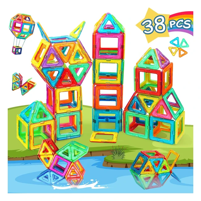 Magnetic Building Blocks Toys for 3 Year Old Boys Girls - STEM Toy 38 Piece Set - Educational Magnets Construction - Christmas Birthday Gift