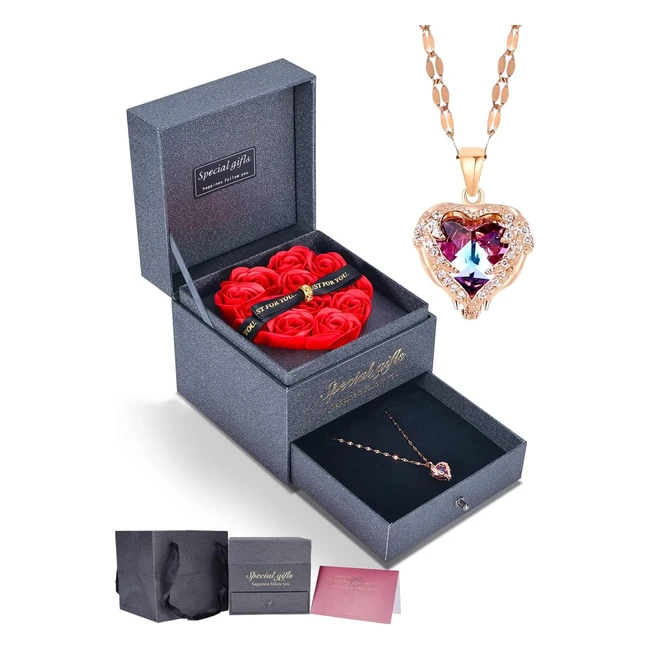 Immorrosa Eternal Heart Rose Box with Necklace - Preserved Rose with Pink Gemstone Necklace