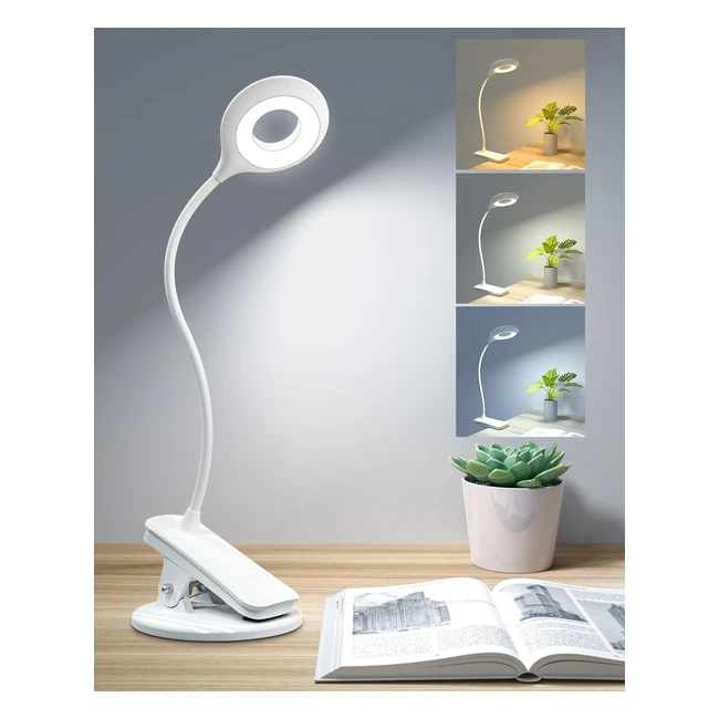 LED Clip On Reading Light Eyecaring 3 Color Modes Stepless Dimming Desk Lamp 360 Flexible Gooseneck USB Rechargeable Bed Light with Clamp - White