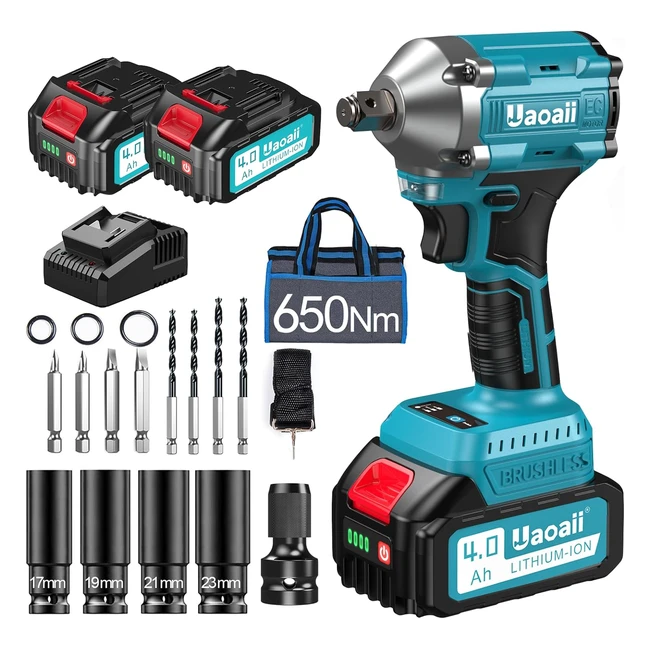 Llave de Impacto Uaoaii 650Nm 2 Baterías 4000mAh Cargador Rápido 5 Boquillas 8 Taladros Giratoria Coche