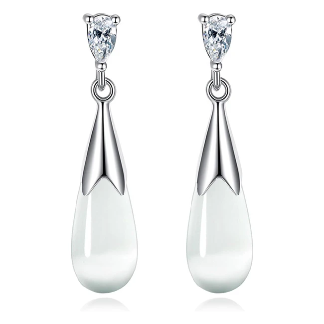 Cerslimo Silver Drop Earrings for Women - Long Dangle Earrings with White Opal Stone - Water Drop Dangly Earrings