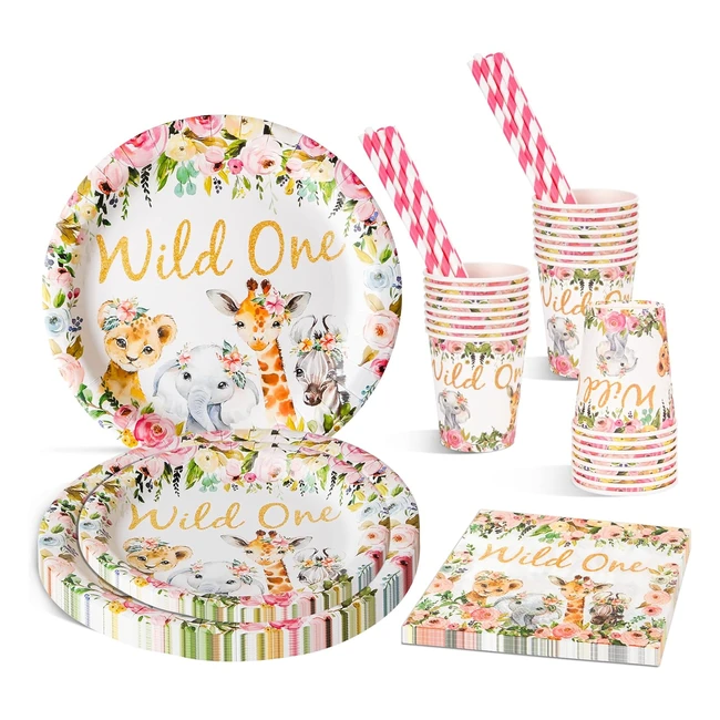 Wild One Year Girl Party Tableware Set 120pcs - Jungle Safari Animals Theme - Birthday Dinnerware for 24 People