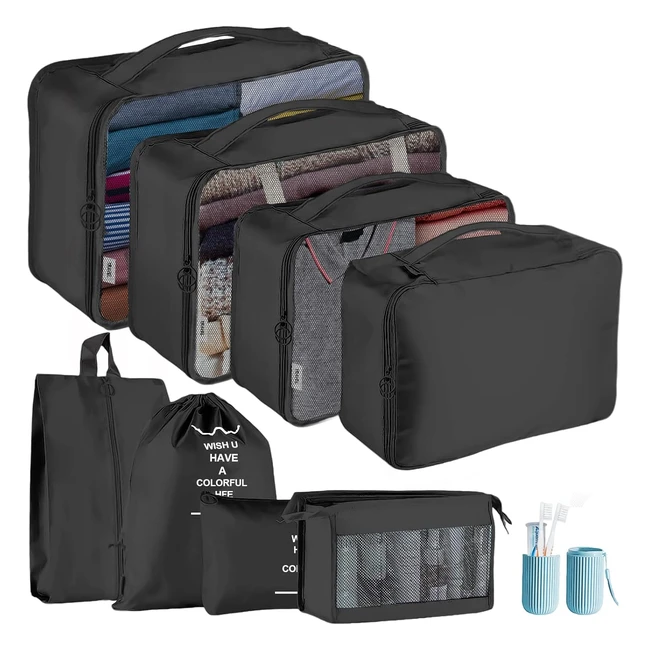 JSDOIN Packing Cubes 9pcs Travel Organizers Waterproof Bag Black