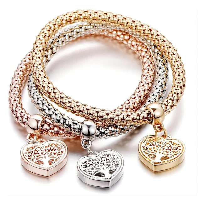 Aonat Crystal Charms Multilayer Bracelets 3pcs - Gold/Silver/Rose Gold - Tree of Life Stretch Bracelet
