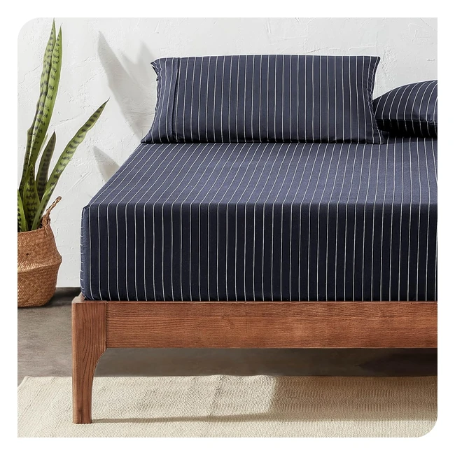 Sábana Bajera Ajustable Microfibra Premium 1800 Ultrasuave Sin Arrugas - 180 x 200 - Patrón de Rayas - Azul Medianoche/Blanco