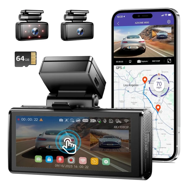 Azdome M580 5K WiFi Dash Cam 4 Touchscreen 64GB Card 4K1080P GPS WDR Night Visi