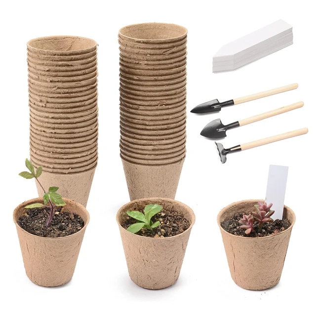 Atoke 50 Piece Seedling Pots Biodegradable Plants Pots - 3 Pcs Mini Seedling Tools - Garden Germination Nursery Pot - Indoor Outdoor - Beige