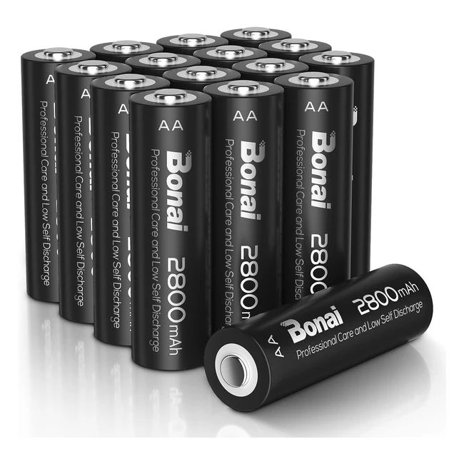 Bonai 2800mAh AA Rechargeable Battery Pack of 16 | High Capacity & 1200 Cycles