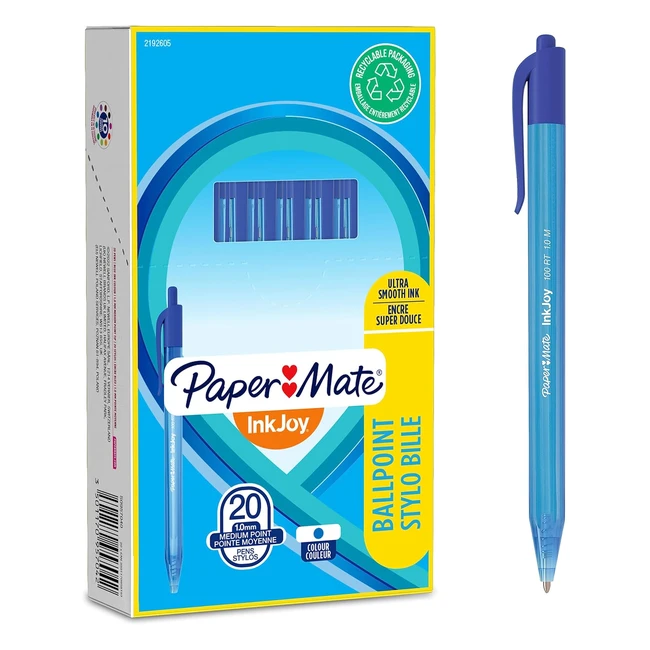 Paper Mate InkJoy 100RT Retractable Ballpoint Pens Medium Point Blue 20 Count - Smooth Writing