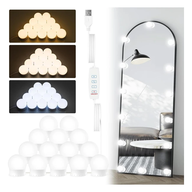 Lampe Miroir Coiffeuse Hollywood Lumière LED Dimmable USB 14 Ampoules 3 Couleurs