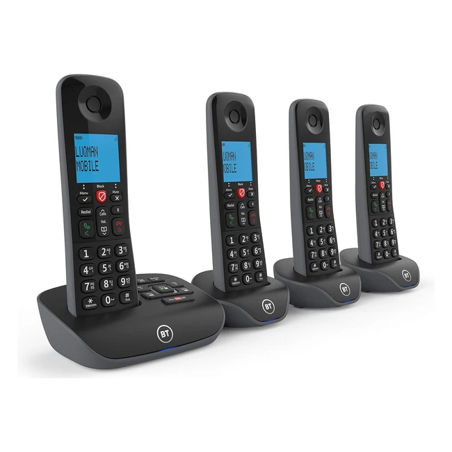 BT Essential Cordless Landline Phone Quad Handset Pack - Block Nuisance Calls, Answer Machine, High Sound Quality