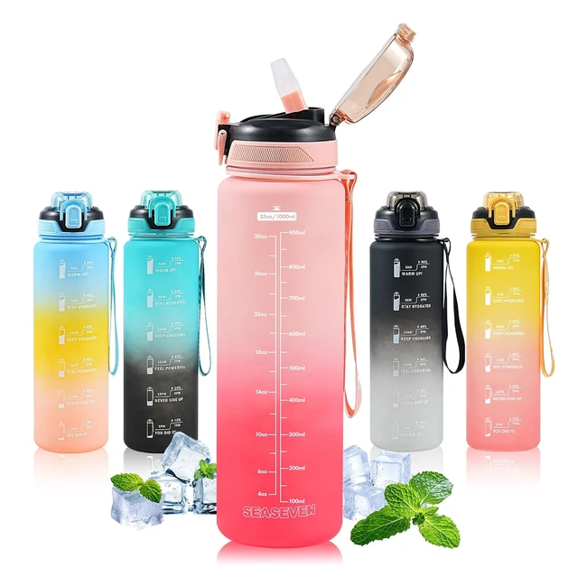 Seaseven Water Bottle 1L - Leakproof Sports Bottle - BPA Free - Gradient Pink