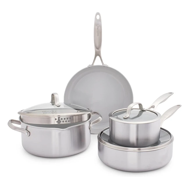 GreenPan Venice Pro Triply 7-teiliges Kochgeschirr-Set, gesunde Antihaft-Edelstahl-Kochgeschirr, Induktion, spülmaschinen- und ofenfest