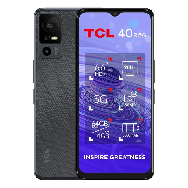 TCL 40 R 5G Smartphone 64GB4GB RAM 66in Display 5000mAh Dark Grey