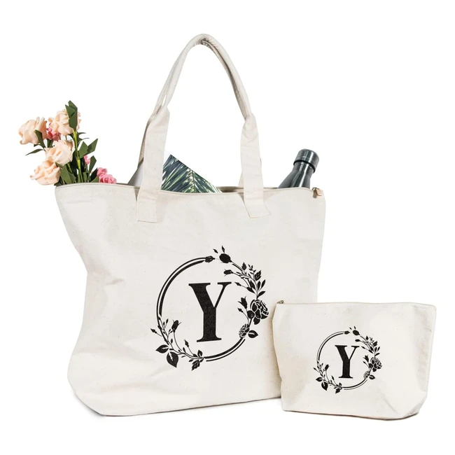 TopDesign Initial Canvas Tote Bag - Personalized Gift for Wedding & Birthday - Beach Holiday - Ref. Y1234