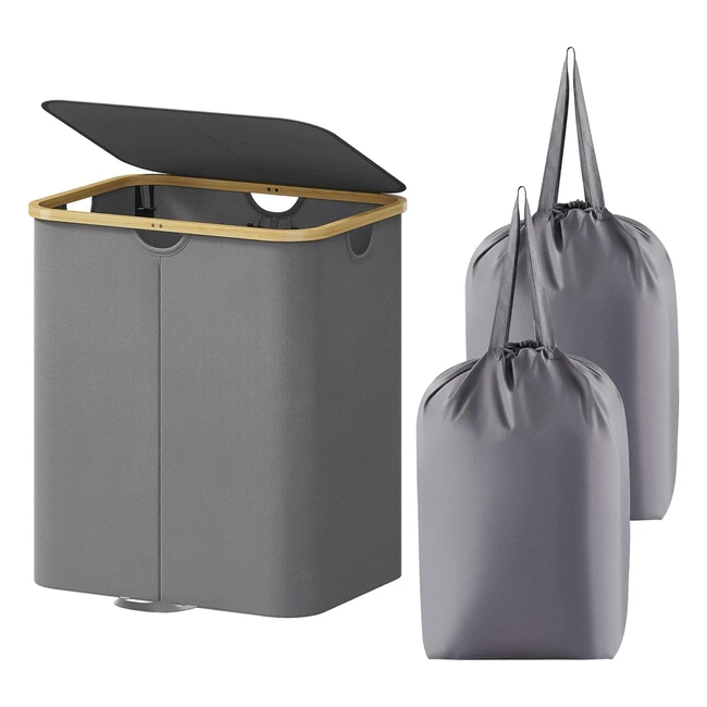 Panier à linge 120L Lifewit avec couvercle en bambou - Grand panier pliable pour chambre salle de bain - Gris