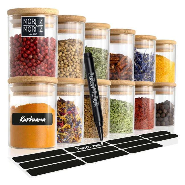 Moritz 12x pots à épices en verre et bois - 125 ml chacun - 12 étiquettes ardoise et 1 feutre craie