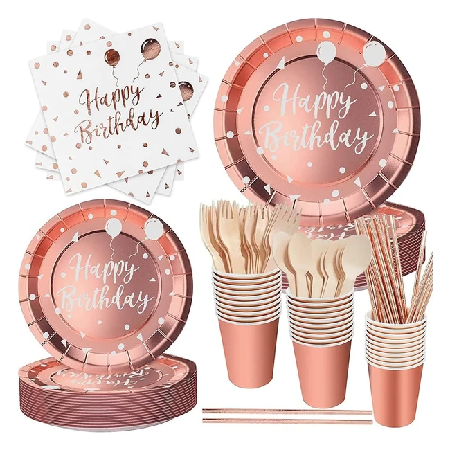 Vaisselle jetable rose gold - NineFo 120pcs - Assiette anniversaire fille lg