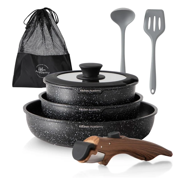 Lot 8 Casseroles Kitchen Academy avec Couvercles en Verre et Revêtement Marbre - Induction - Poignée Lisse - Noir