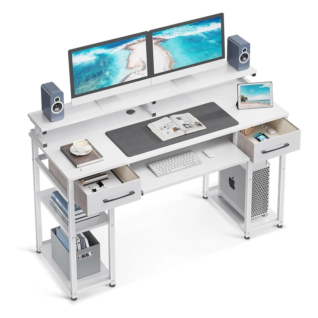 Scrivania Computer ODK con Supporto per Monitor e Cassetti - 120x48x90cm Bianca